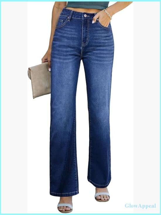 Denim - High Waisted Wide Leg Jeans with Pockets Casual Straight Denim Pants